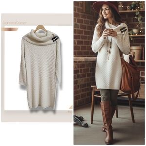 🌿Sandra Darren Women's Large Ivory Cowl Neck Cable Knit Sweater Dress